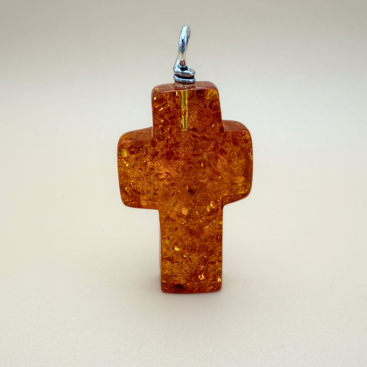 Large Amber Cross Pendant with Silver Bail