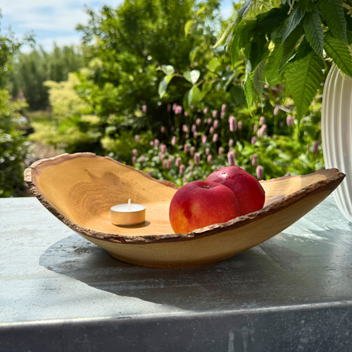 Fresh-Turned Oak Dish with Full Bark Edge