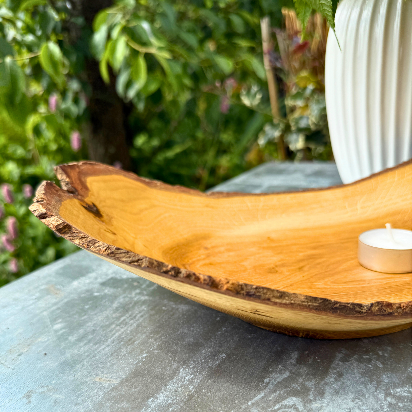 Fresh-Turned Oak Dish with Full Bark Edge