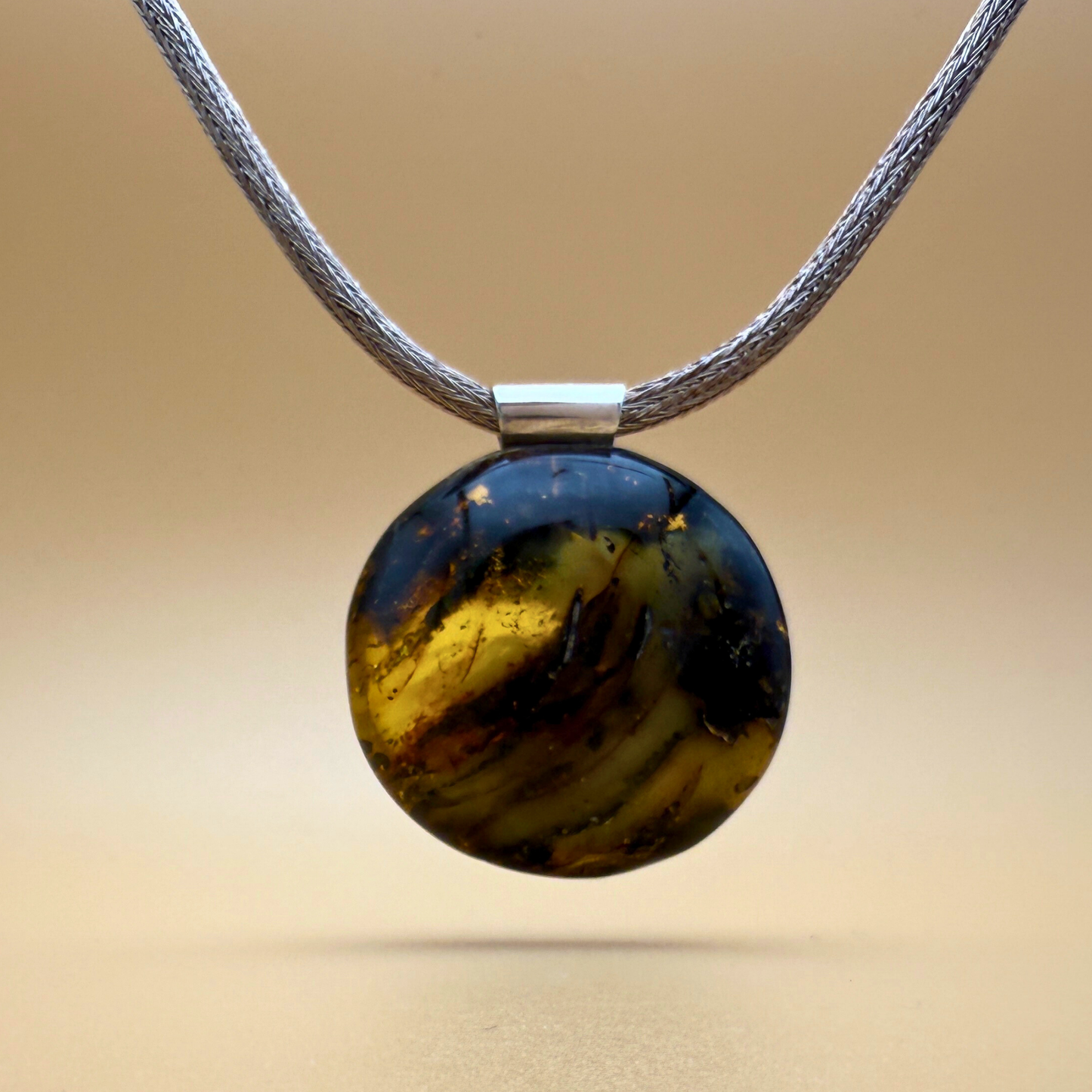 Round Moss Green Amber Pendant with Sterling Silver Tube