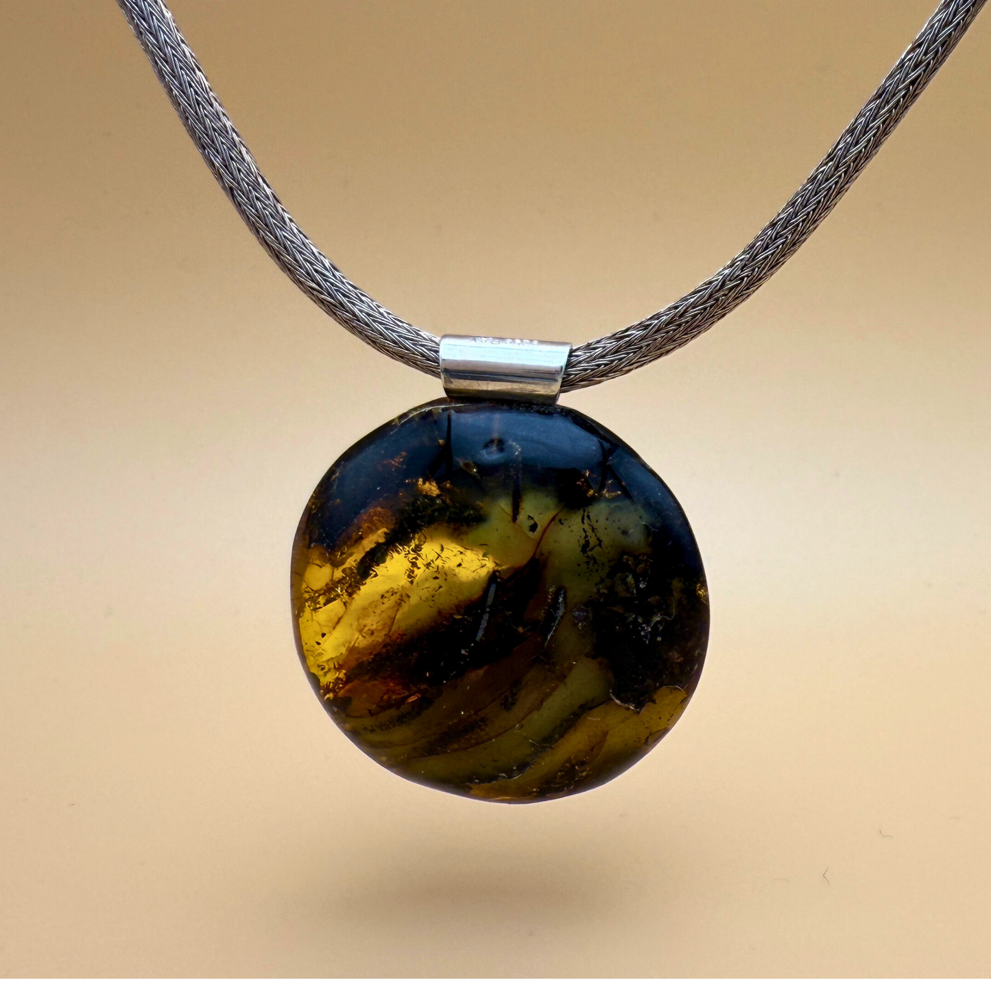 Round Moss Green Amber Pendant with Sterling Silver Tube