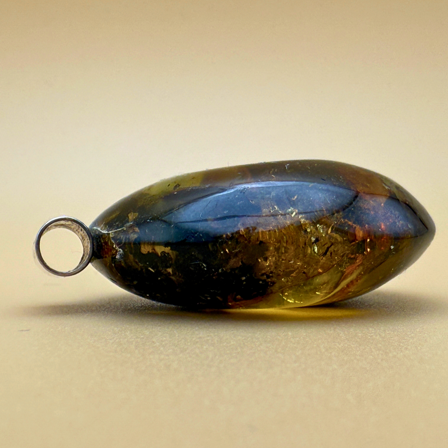 Round Moss Green Amber Pendant with Sterling Silver Tube