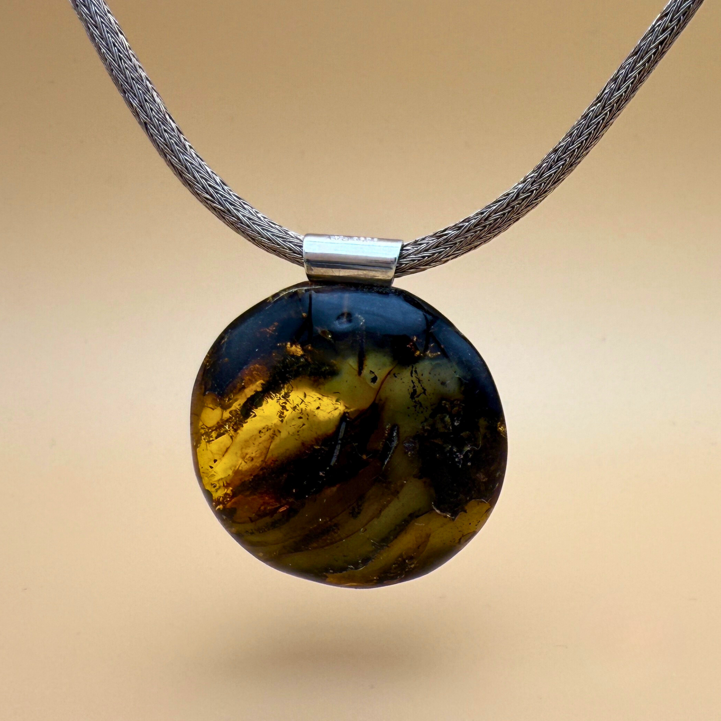 Round Moss Green Amber Pendant with Sterling Silver Tube
