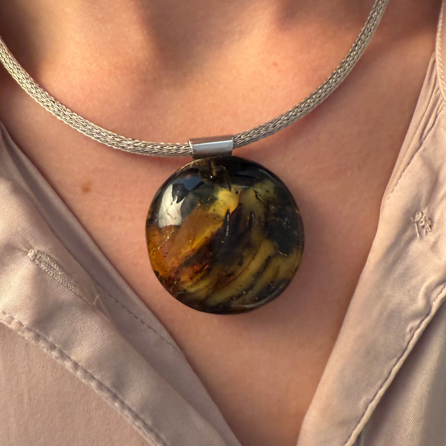 Round Moss Green Amber Pendant with Sterling Silver Tube