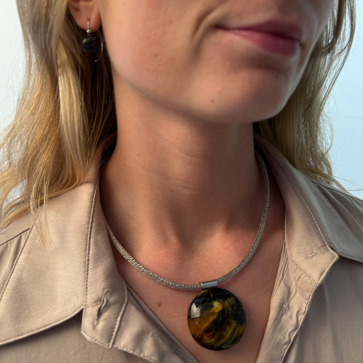 Round Moss Green Amber Pendant with Sterling Silver Tube