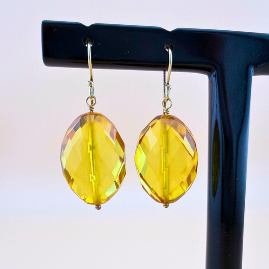 Lemon Amber Faceted Oval Earrings