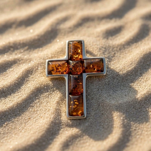 14kt Gold Cross Pendant with Amber Cabochons