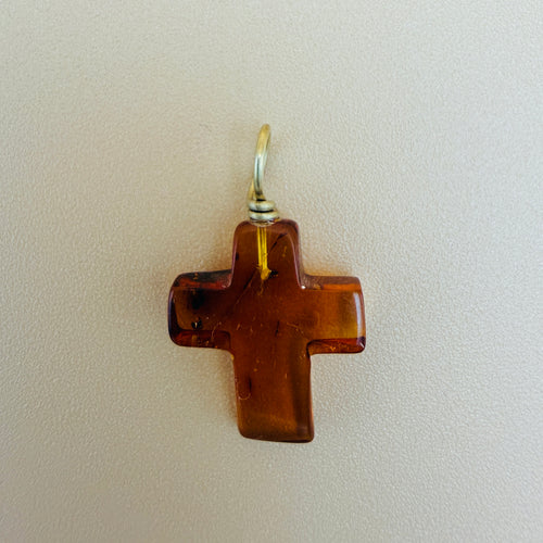 Amber Cross Pendant with 18kt Gold Bail