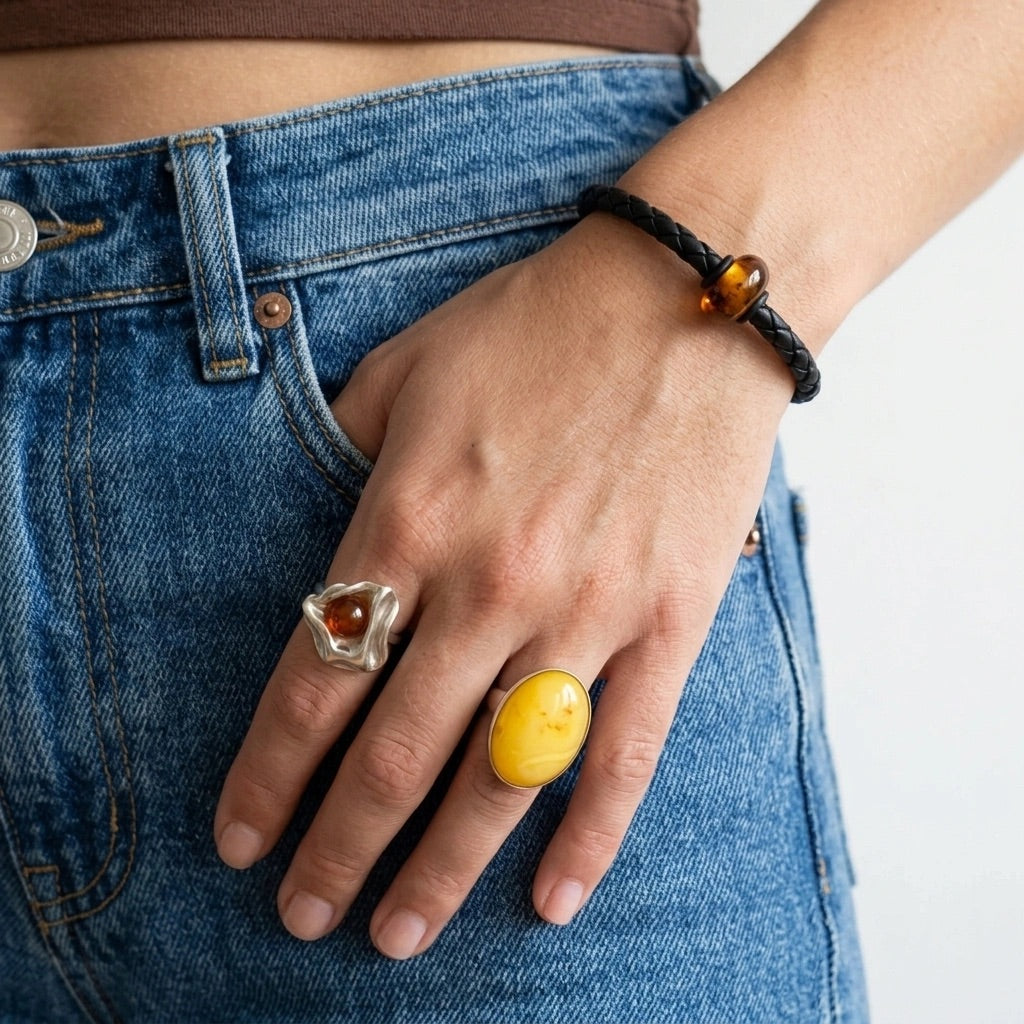 Men’s Black Leather Bracelet with Amber