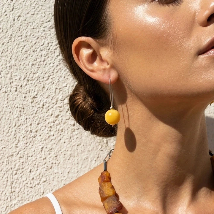 No. 3 long Milky Yellow Amber Earrings, One of a Kind