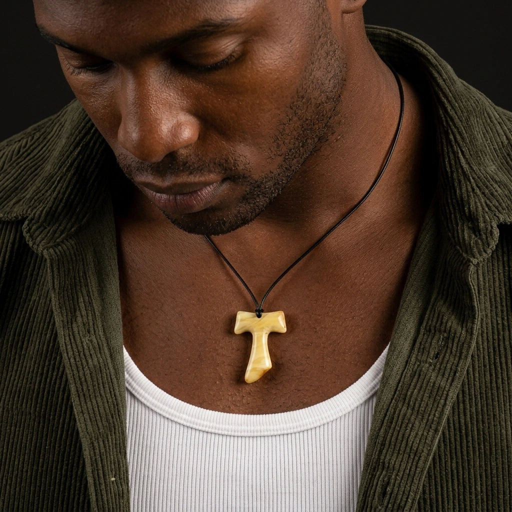 Tau cross with black leather cord