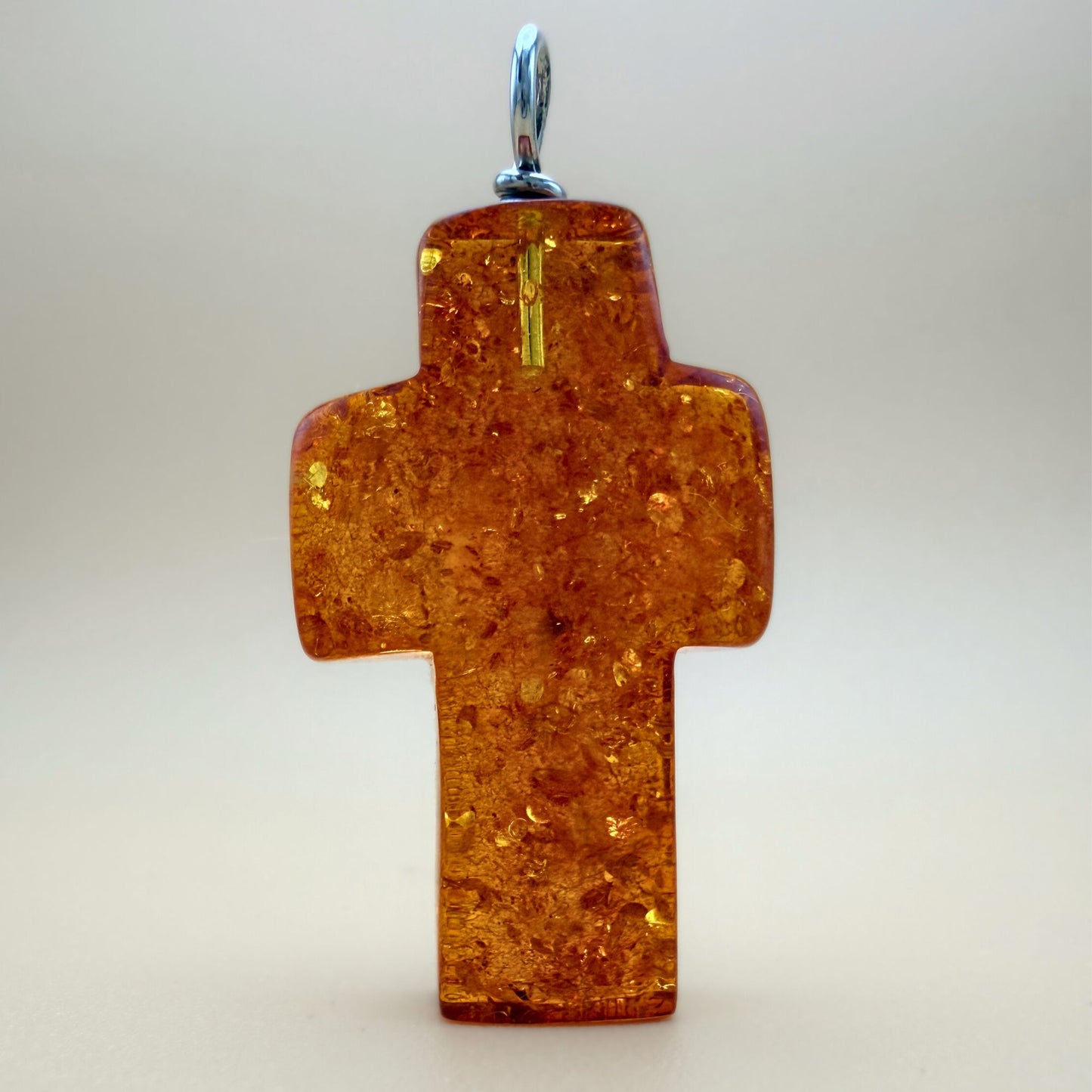 Large Amber Cross Pendant with Silver Bail