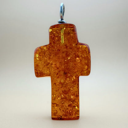 Large Amber Cross Pendant with Silver Bail