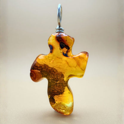 Organic Amber Cross Pendant with Silver Bail