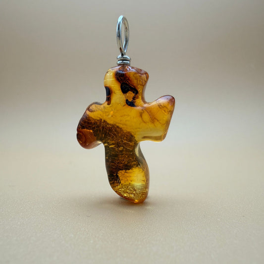 Organic Amber Cross Pendant with Silver Bail