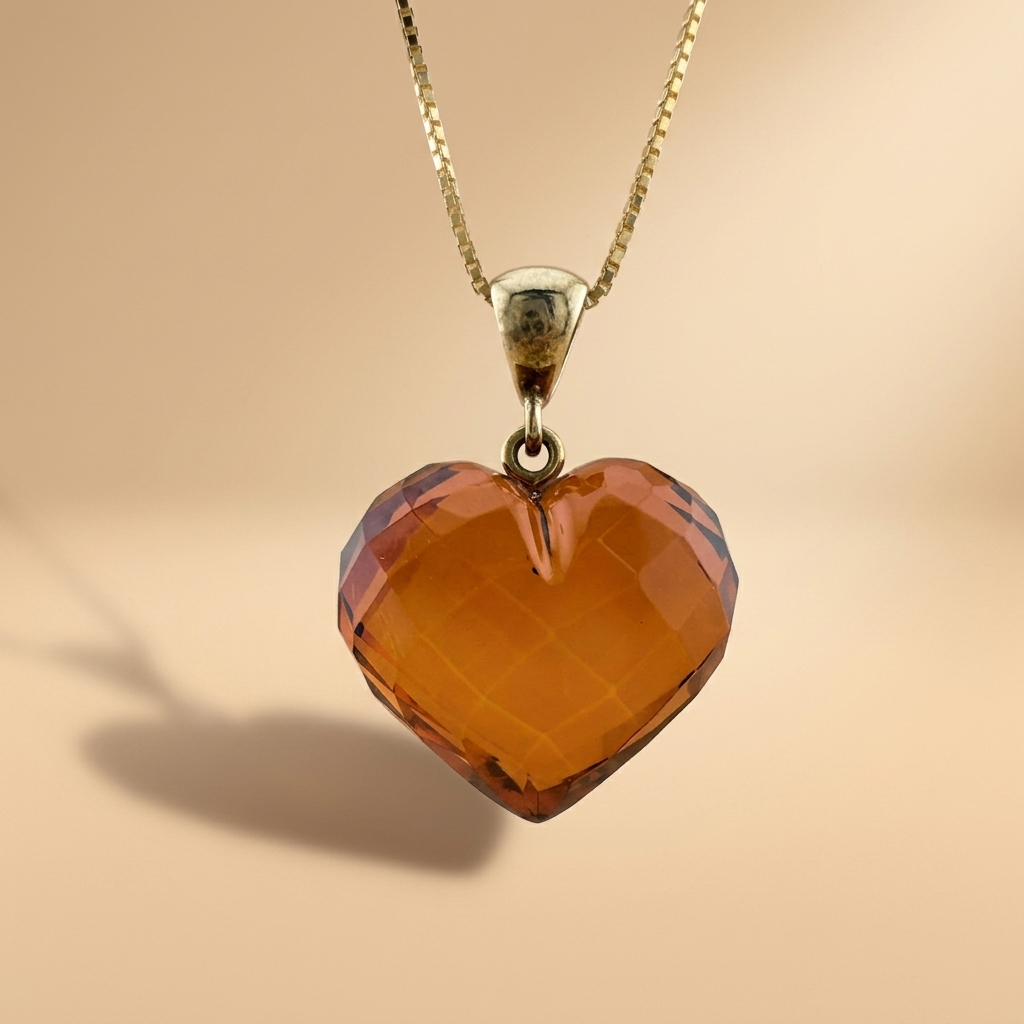 Faceted Amber Heart Pendant with Gold-Plated Bail