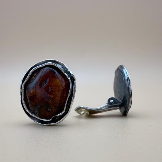 Amber Clip Earrings, Rustic Cognac & Oxidized Silver