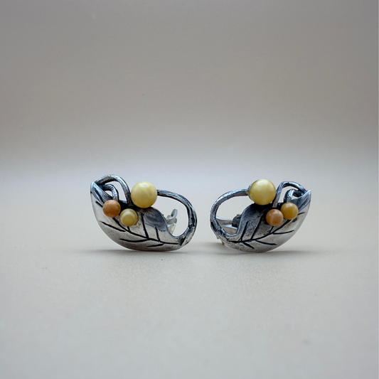 Amber Clip Earrings, Milky Yellow & Oxidized Leaf Silver