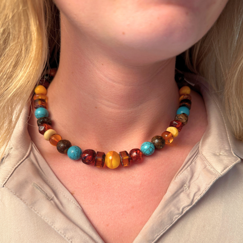 Colourful neckles, mix of amber beads and stone. Part og Ravgaard's 45 years anniversary collection
