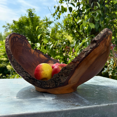 Large Glossy Leaf Bird Cherry Bowl with Bark Edge