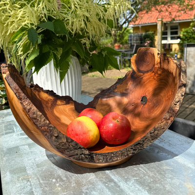 Large Glossy Leaf Bird Cherry Bowl with Bark Edge
