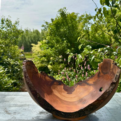 Large Glossy Leaf Bird Cherry Bowl with Bark Edge