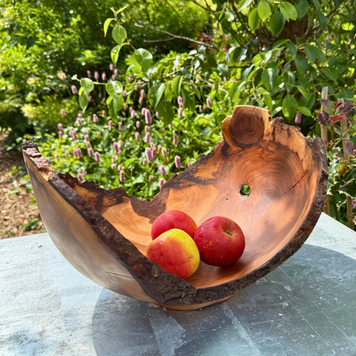 Large Glossy Leaf Bird Cherry Bowl with Bark Edge