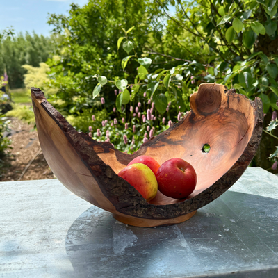 Large Glossy Leaf Bird Cherry Bowl with Bark Edge