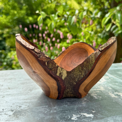 Gegabelte Schale aus Schwarzkirsche – Skulptur mit rohen Kanten
